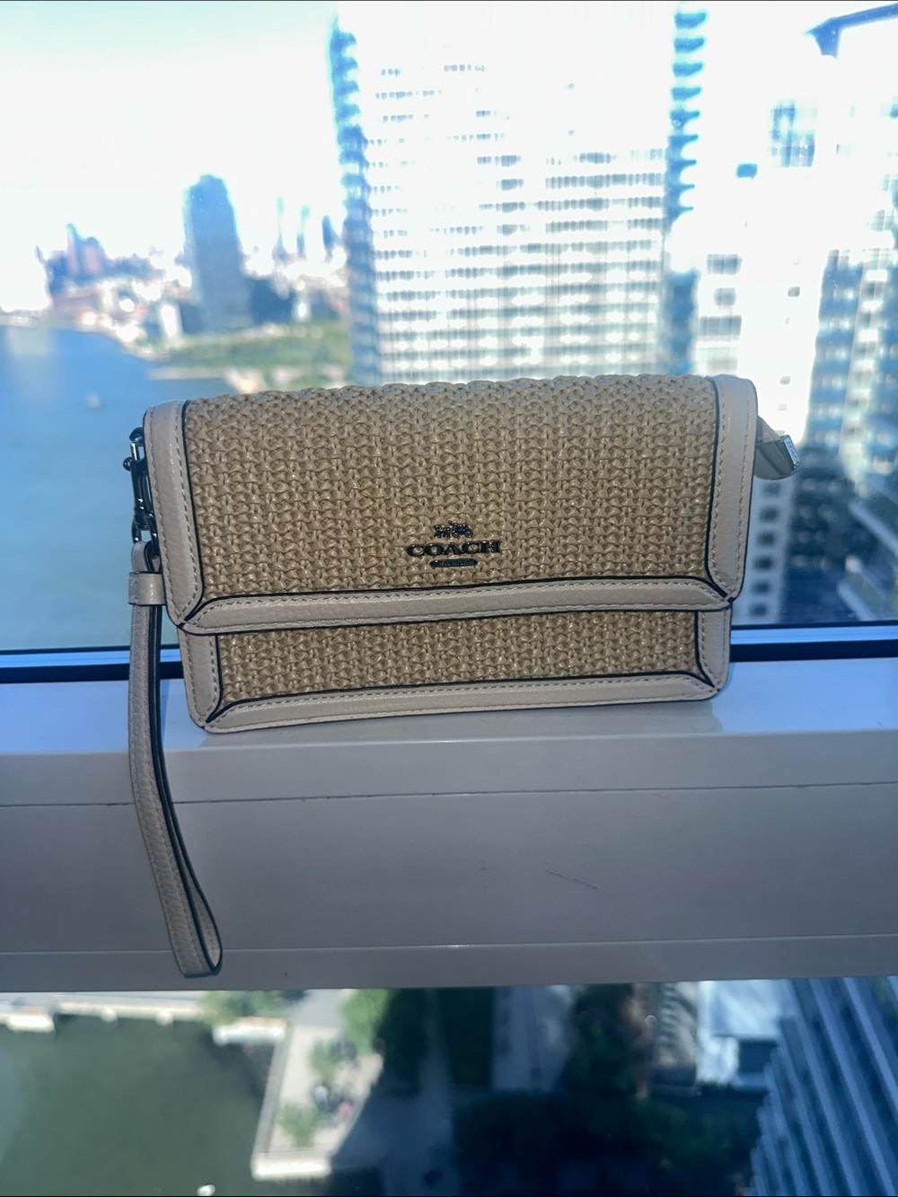 Coach Beige Woven Straw Wristlet Clutch